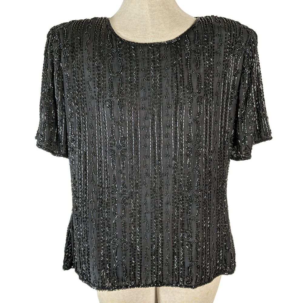 Stenay Beaded Top Black Silk Women Size XL Large Evening Vintage Back Zip Cruise